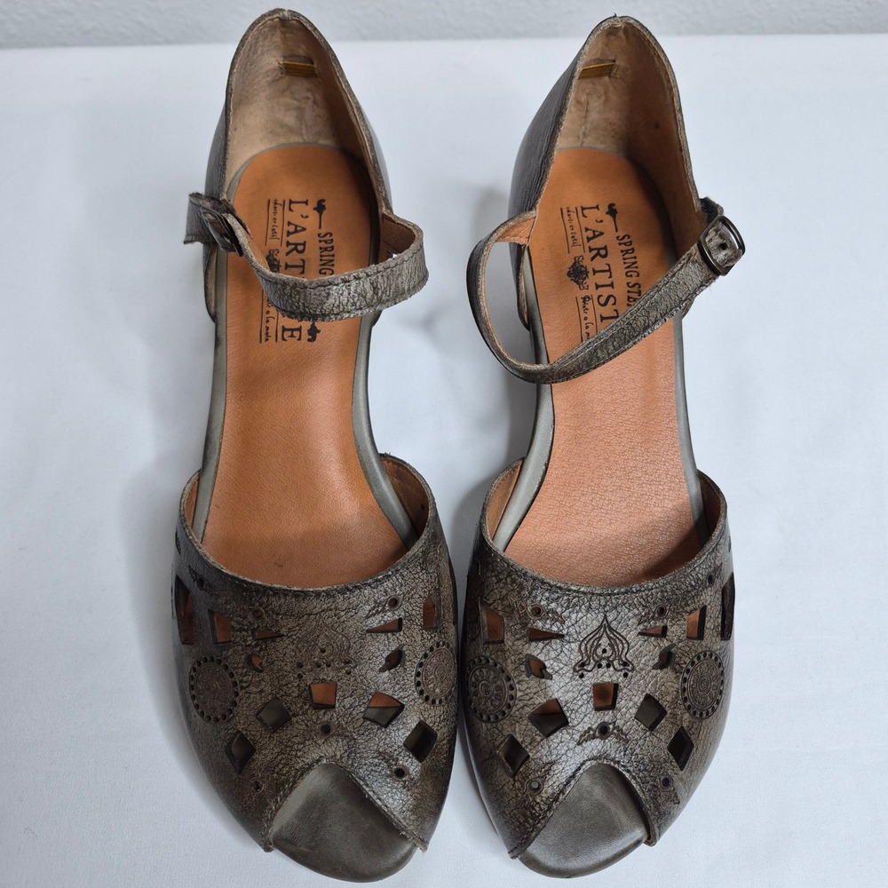L'Artiste Spring Step Posadas Grey Leather Laser Cut Wedge Sandals 40 Bohemian